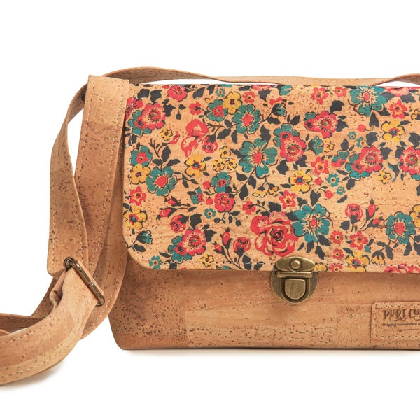 Crossbody Cork Bag Flowered - Vegan shoulder bag - Cork Messenger Bag - sustainable fashion