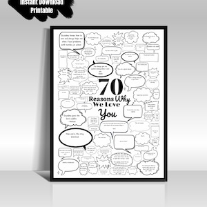 70 motivi per cui, le cose che amiamo di te Poster regalo per il 70° compleanno Modello di stampa digitale personalizzato premuroso Messaggi di bolle di pietra miliare