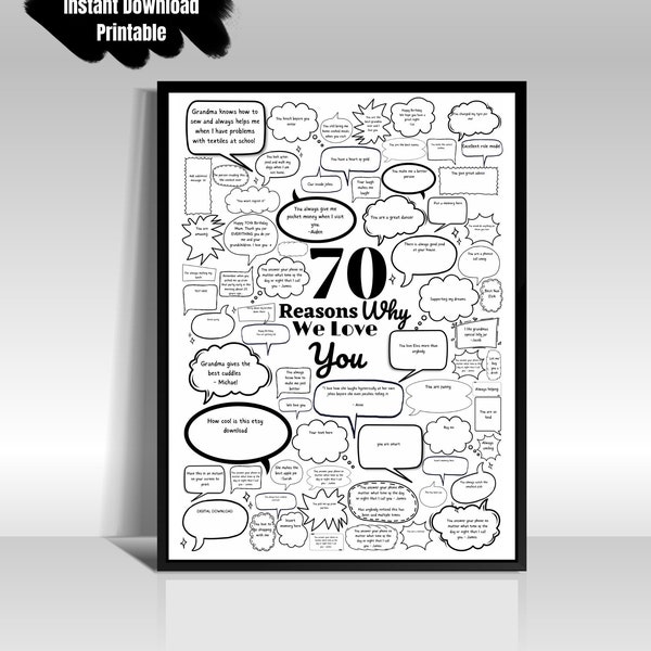 70 Reasons Why, Things We Love About You 70th Birthday Gift Poster Personalised Digital Print template thoughtful Milestone Bubble Messages