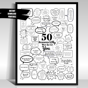 50 powodów, dla których kochamy Cię na 50. urodziny Plakat z prezentem Spersonalizowany szablon wydruku cyfrowego Przemyślane wiadomości Milestone Bubble