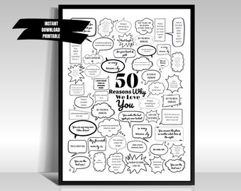 50 Reasons Why, Things We Love About You 50th Birthday Gift Poster Personalised Digital Print template thoughtful Milestone Bubble Messages