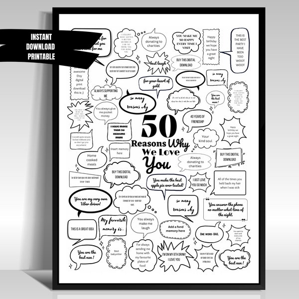 50 Reasons Why, Things We Love About You 50th Birthday Gift Poster Personalised Digital Print template thoughtful Milestone Bubble Messages