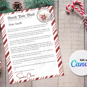 May include: A red and white striped letter from Santa Claus to Jacob. The letter is addressed from North Pole Mail and includes a festive message about the upcoming Christmas season.