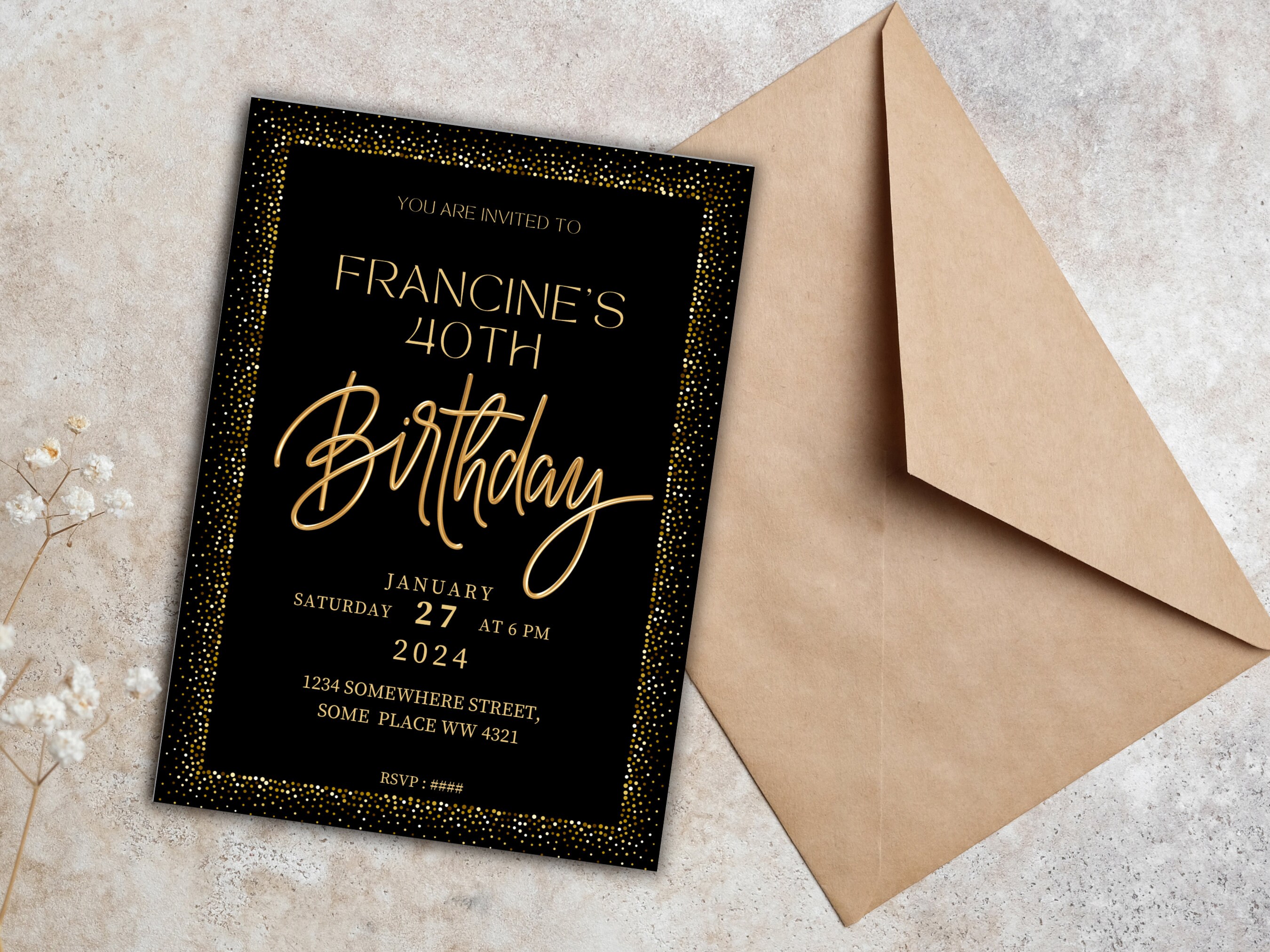 Editable Black and Gold Birthday Invitation Stylish Party Invite Black
