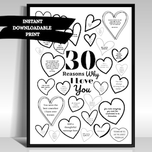 30 Reasons Why, Things I Love About You 30th Birthday Gift Poster Hearts Digital Print template thoughtful Milestone Bubble Messages