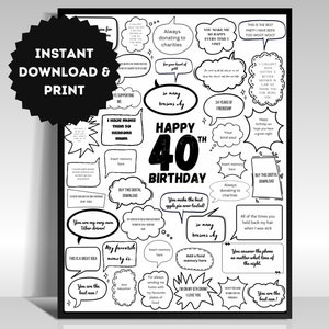 Poster per la firma degli ospiti del 40° compleanno Modello di stampa digitale personalizzato premuroso Messaggi di bolle di pietra miliare Idee regalo per la festa del 40° compleanno