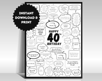 40th Birthday Guest Signing Poster Personalized Digital Print template thoughtful Milestone Bubble Messages 40th Birthday Party Gift Ideas