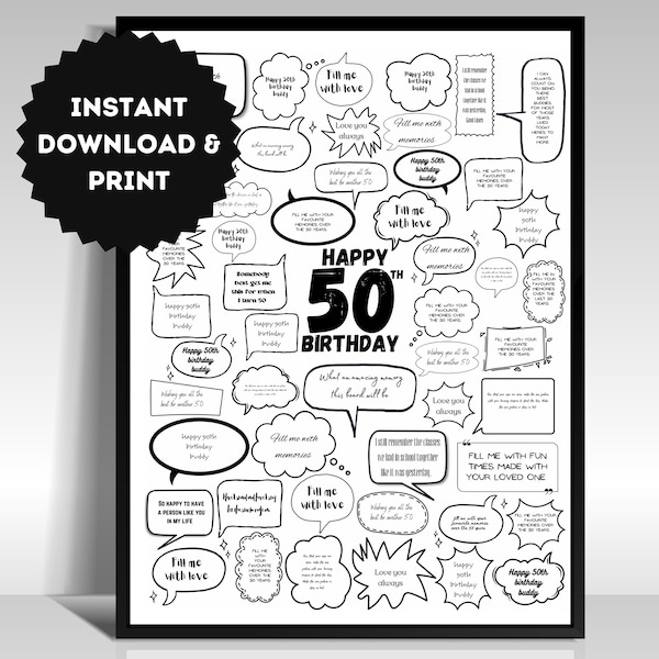 50th Birthday Gift Guest Board Poster, 50 Reasons Why, Personalized Digital Print Signing Board Template Thoughtful Milestone Bubble Message