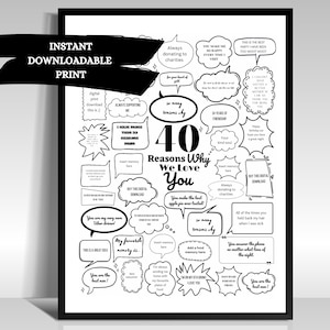 40 powodów, dla których, rzeczy, które kochamy w Tobie, plakat z prezentem na 40. urodziny, spersonalizowany szablon wydruku cyfrowego, przemyślane wiadomości Milestone Bubble