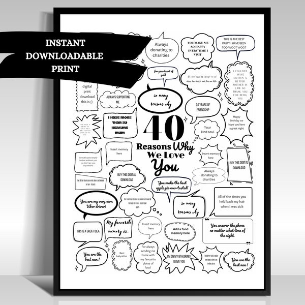 40 Reasons Why, Things We Love About You 40th Birthday Gift Poster Personalised Digital Print template thoughtful Milestone Bubble Messages