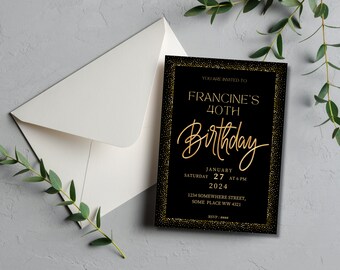 Editable Black and Gold Birthday Invitation | Stylish Party Invite | Black & Gold Birthday | Printable Invite | Customisable Invitation