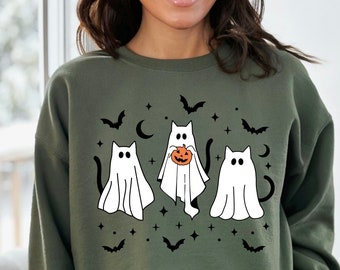 Halloween Ghost Cat Sweatshirt, Cat Halloween Sweatshirt, Cute Cats Halloween Shirt, Ghost Black Cat Shirt, Spooky Season Ghost Cats T-shirt