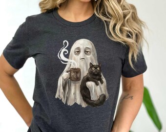 Grumpy Ghost Cat Coffee Shirt, Funny Halloween Meh Black Cat Tee