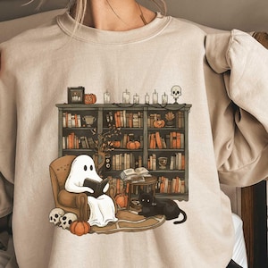 Reading Ghost Sweatshirt, Halloween Sweatshirt, Book Lover Shirt, Halloween Gift For Librarian, Ghost Book Sweatshirt, Spooky Season Tshirt