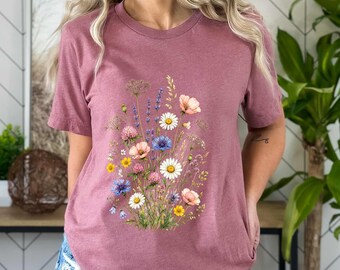 Vintage Botanical Floral T-Shirt, Boho Cottagecore Wildflower Tee