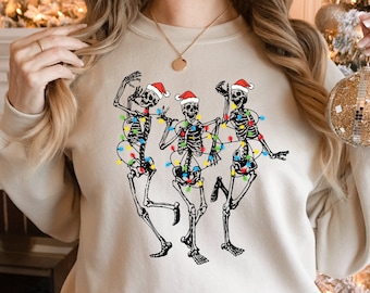 Dancing Skeleton Christmas Sweatshirt, Skull Holiday Lights