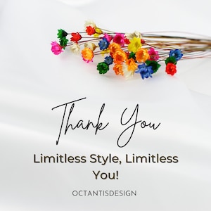 May include: A bouquet of colorful dried flowers in shades of red, pink, yellow, orange, and blue, arranged on a white background. The words "Thank You" are written in elegant script, with the text "Limitless Style, Limitless You!" and the shop name below.