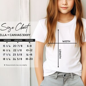 May include: A white t-shirt with a size chart graphic. The chart details measurements for youth sizes YS, YM, YL, and YXL, including width and length in inches. The shirt is from BELLA + CANVAS 3001Y.