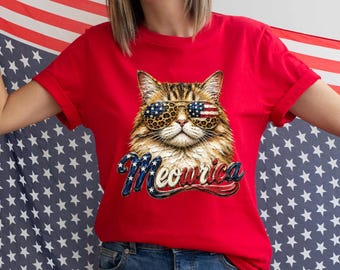 Meowrica Cat Shirt, 4th of July USA Flag Graphic Tee