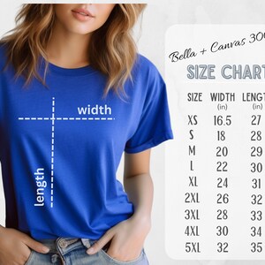 May include: A blue t-shirt with a size chart. The chart, labeled "Bella + Canvas 3001," lists sizes XS to 5XL, with corresponding width and length measurements in inches. The shirt is being modeled.