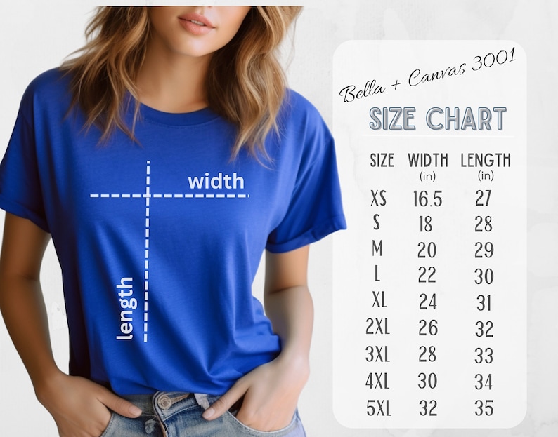 May include: A blue t-shirt with a size chart. The chart, labeled "Bella + Canvas 3001," lists sizes XS to 5XL, with corresponding width and length measurements in inches. The shirt is being modeled.