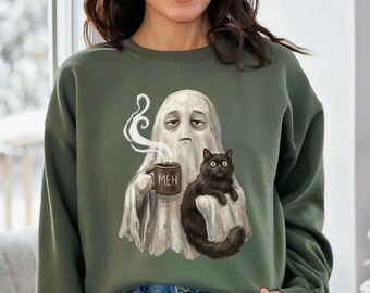 Ghost Cat Spooky Halloween Coffee Lover Sweatshirt, Funny Black Cat Shirt