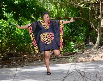 アフリカンプリントオーガンジーチュニックドレス：アンカラトリム、ワンサイズ（S～XL）