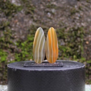 Puede incluir: Dos cabujones de ágata de forma ovalada con un patrón rayado en tonos de blanco, gris y naranja. Los cabujones se muestran sobre una superficie negra.