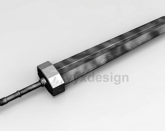 May include: A long, silver sword with a textured blade and a hexagonal hilt.