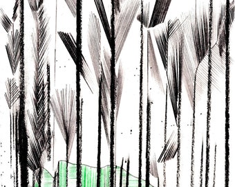 Dark Forest - Original Sci-fi Nature Art Woodland Mixed Media Wall Art on Paper