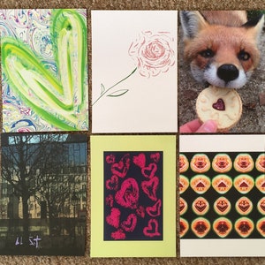 Juego de 10 postales únicas A5 con corazones, rosas de París y melón, arte en técnica mixta sobre papel de seda reciclado de alta calidad
