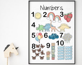 Children's Number Poster, Animal Counting Print, 123 Poster, Counting Poster, Montessori Print, Classroom Poster, Classroom dinosaurs