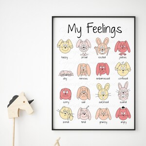 Wydruki wyrażeń, Wydruki emocji, Wydruki uczuć, Wydruk edukacyjny dla dzieci, Wydruk zabawnego króliczka, Wydruk Montessori, Wydruk przedszkolny, Ciepły