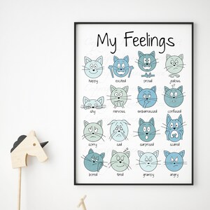 Uitdrukkingen Print, Emoties Print, Gevoelens Print, Educatieve Print voor Kinderen, Funny Cat Print, Montessori Print, Preschool Print, Cool Tone