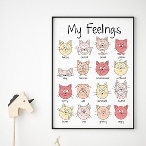 Uitdrukkingen Print, Emoties Print, Gevoelens Print, Educatieve Print voor Kinderen, Funny Cat Print, Montessori Print, Preschool Print, Warme toon