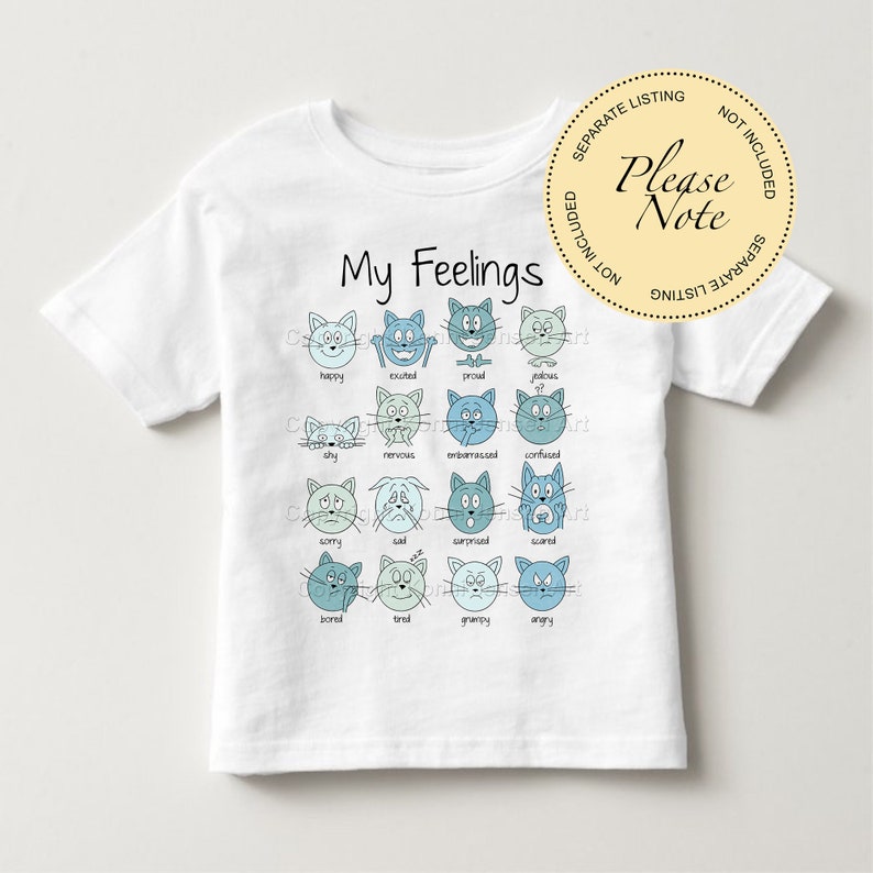May include: White t-shirt with a blue and white illustration of cat faces with different emotions. The text "My Feelings" is printed above the illustration. The text "Please Note" is printed on a yellow circle.