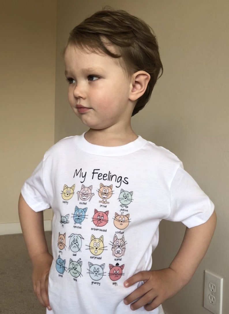 May include: White t-shirt with the text "My Feelings" and a graphic of 18 cartoon cats with different facial expressions representing various emotions. Each cat has a word describing the emotion below it.