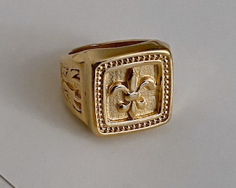 Gold Signet Pinky Ring, Gold Square Chunky Pinky Ring, Fleur De Lis Bold Thick Stackable Band Ring, Fine Jewelry Gift For Her Him