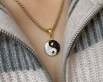 Gold Diamond CZ YIN YANG Necklace, Yin Yang Charm Pendant, Gold Round Box Chain Necklace, Religious Fine Jewelry For Her Him