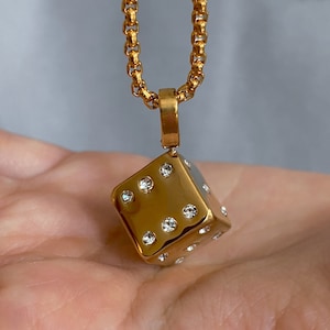 Gold Diamond CZ Dice Necklace, 3D Cube Charm Pendant, Gold
