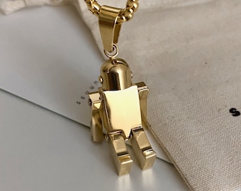 Gold Robot Pendant Necklace, Gold Robot Toy Charm Pendant, Gold Round Box Chain Necklace, Fine Jewelry For Her Him