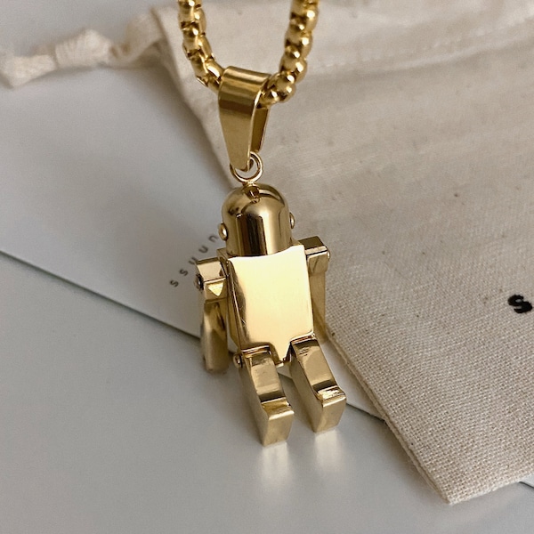 Gold Robot Pendant Necklace, Gold Robot Toy Charm Pendant, Gold Round Box Chain Necklace, Fine Jewelry For Her Him