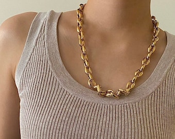 Gold Puffed Mariner Chain Necklace, Gold Stainless Steel Bold Thick Oval Link Chain Unique Minimalist Necklace, Womens Mens Unisex Jewelry