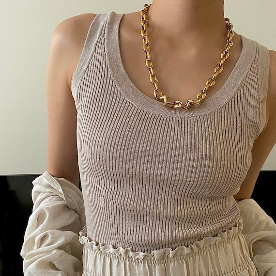 Gold Puffed Mariner Chain Necklace, Gold Stainless Steel Bold Thick Oval Link Chain Unique Minimalist Necklace, Womens Mens Unisex Jewelry