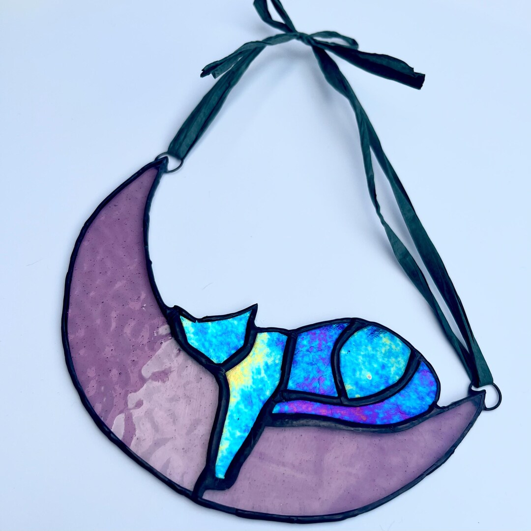 Handmade Stained Glass Sleeping Cat on Crescent Moon Suncatcher ...