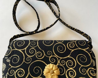 Black & Gold Fabric Crossbody / Shoulder Purse