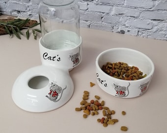 Handmade Ceramic Cat Bowl Set: Feeder & Waterer,Non-Wetting
