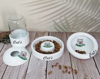 Handmade Ceramic Cat Bowl Set: Tilted Food, Water Feeder and Weaning Plate