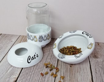 Handmade Ceramic Cat Bowl Set: Tilted Food & Water Feeder