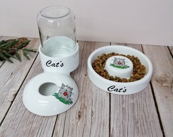 Handmade Ceramic Cat Bowl Set: Feeder and Waterer